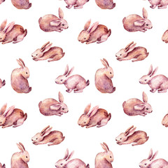 seamless pattern with cute rabbit drawing in watercolor