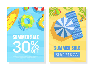 Summer Sale Card Template, Shop Now Advertising Poster, Flyer, Invitation Vector Illustration
