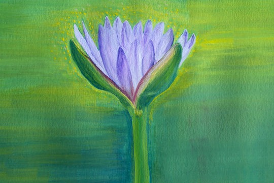 Poster Color Painting Of Purple Water Lily Flower With Yellow Green Nature Background