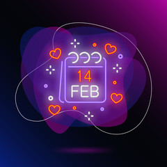 Fourteen February neon sign. Calendar, page and hearts on brick wall background. Vector illustration in neon style for topics like love, romance, Valentines day