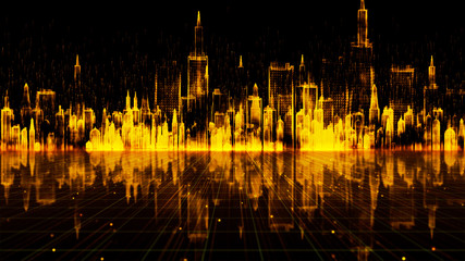 Fototapeta na wymiar Gold color digital city, digital cyberspace with particles, Technology data network connections concept.