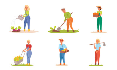 Fototapeta na wymiar Set of gardeners working on the farm. Vector illustration in flat cartoon style.