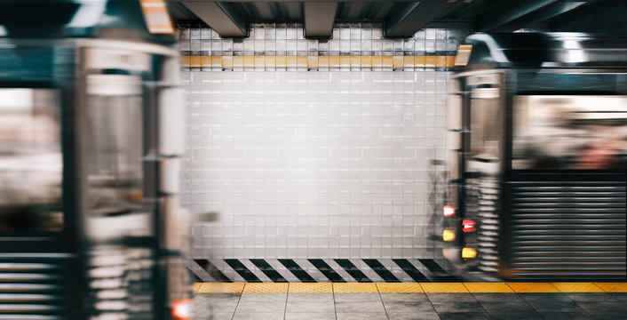 Mock up NYC Train Subway Station with Free Space for mockup photos, frames, ad and prints between two Moving Train on background. Realistic 3d render illustration