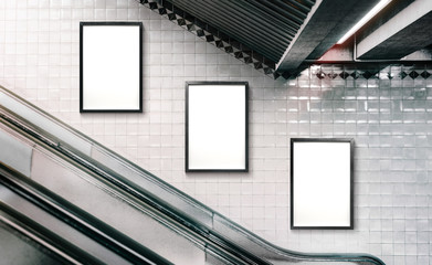 Mock up Poster media template Ads display in NYC Subway Station Escalator. Realistic 3d render illustration
