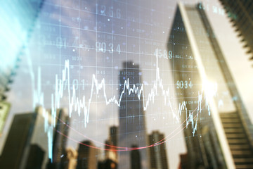 Double exposure of abstract financial diagram on office buildings background, banking and accounting concept