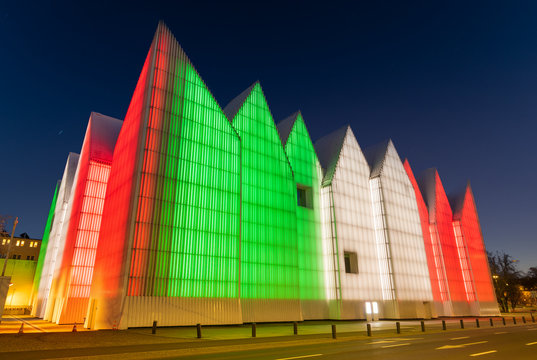 Philharmonic Mieczysław Karłowicz In Szczecin Illuminated In The National Colors Of Italy As Part Of Solidarity With The Italian People Fighting The Coronavirus Epidemic