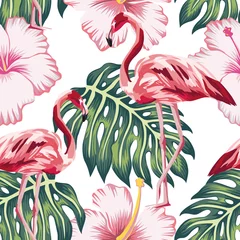 Wall murals Hibiscus Flamingo green leaves pink hibiscus white background seamless