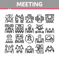 Business Meeting Conference Collection Icons Set Vector. Business Meeting And Seminar, Businessman Partnership, Communication And Talking Concept Linear Pictograms. Monochrome Contour Illustrations