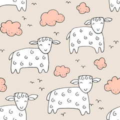 Seamless texture with funny sheep, lambs and hand drawn elements.