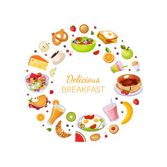 Delicious Breakfast Banner Template with Fresh Tasty Morning Meal Dishes of Circular Shape Frame Vector Illustration