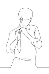 One continuous line art of a young man with glasses, a shirt and a tie on his face with a protective medical mask. He experiences signs of suffocation, unties his tie. It can be used for animation.