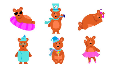 Obraz na płótnie Canvas Set of funny brown bears in different action situations. Vector illustration in flat cartoon style.