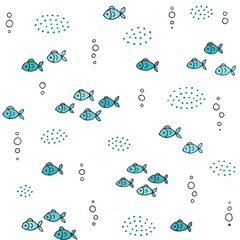 Seamless texture with fish and hand drawn elements.