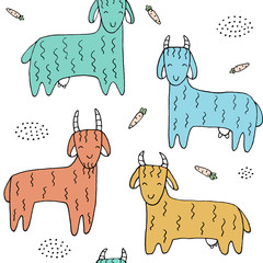 Seamless texture with funny goats and hand drawn elements.