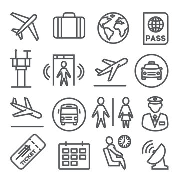 Airport line icons set on white background