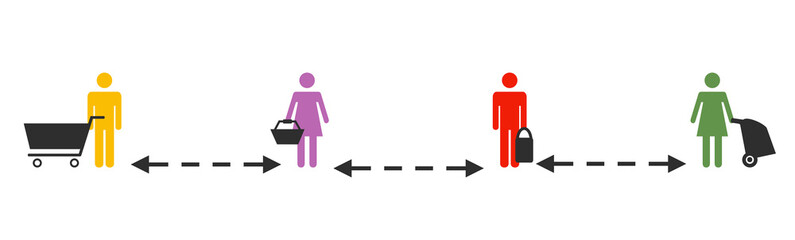 Anstehen beim Einkaufen in der Warteschlange - Bitte Abstand halten
