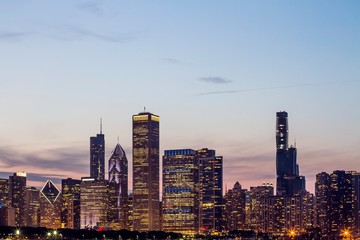 Beautiful view of Chicago skyline at twilight, Illinois, USA