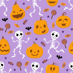 Cute spooky orange pumpkin, skeleton, bat, lollipop and candy seamless pattern. Halloween holidays cartoon character set. Trick or treat background. -Vector