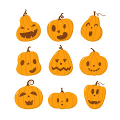 Happy, funny, cute and scary halloween pumpkin set. Holidays cartoon character in flat style collection. -Vector