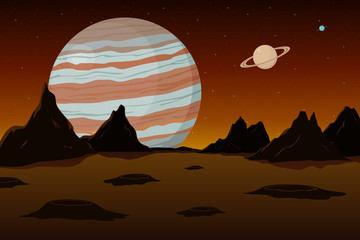 View of Jupiter and Saturn from Mars. Martian landscape. Vector illustration. © Vector DSGNR