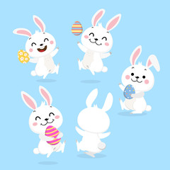 Obraz na płótnie Canvas Cute Easter bunny with decorating egg collection. White rabbit in holidays cartoon character. -Vector