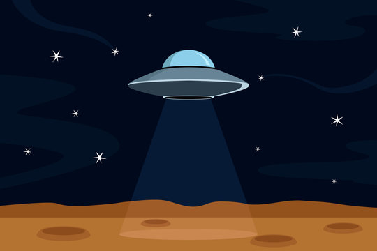 Flying saucer above planet. Cartoon style. Vector illustration.