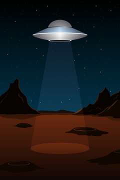 Alien spaceship above planet Mars. Vertical poster. Vector illustration.