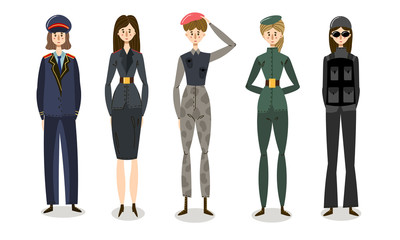 Set of young women soldiers in combat uniforms. Vector illustration in flat cartoon style.