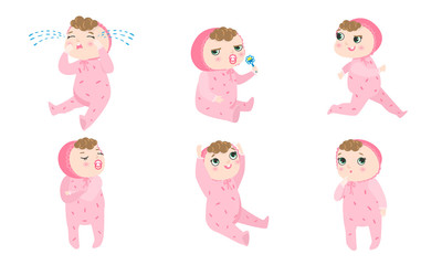 Set of a cute baby in pink pajama with different emotions and situations. Vector illustration in flat cartoon style.