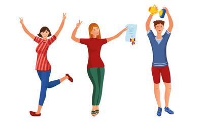 Fototapeta premium Set of happy young people with the winner cup and diploma. Vector illustration in flat cartoon style.