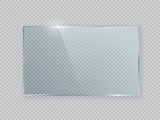 Rectangle vector glass frame. Isolated plate on transparent background. Realistic texture with glares and light