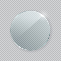 Round vector glass frame. Isolated plate on transparent background. Realistic texture with glares and light