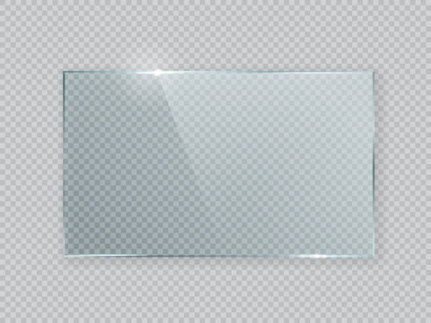 Rectangle vector glass frame. Isolated plate on transparent background. Realistic texture with glares and light