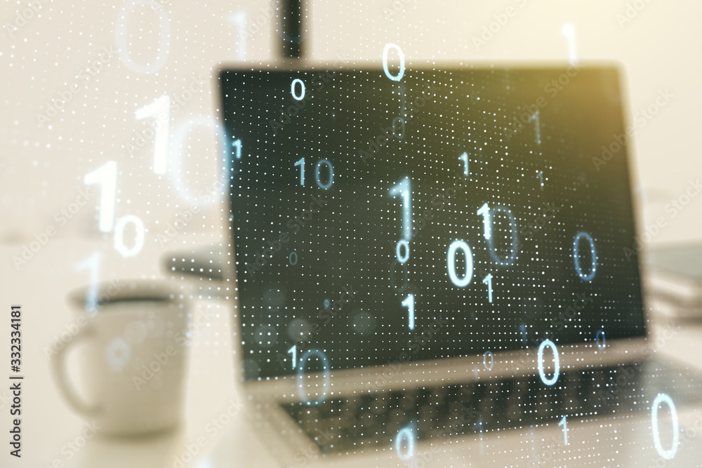 Poster creative abstract binary code sketch on modern laptop background, hacking and matrix concept. multie