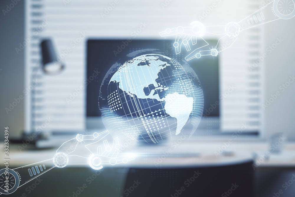 Aufkleber creative abstract robotics technology hologram with globe on modern computer background, artificial 