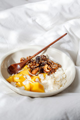Breakfast in bed - homemade granola, yogurt and mango in bowl.