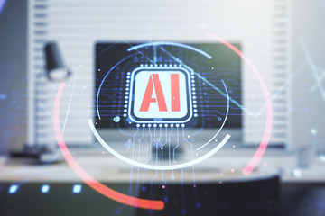 Double exposure of creative artificial Intelligence abbreviation with computer on background....