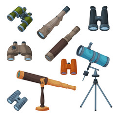 Optical Devices Collection, Binoculars, Spyglass, Telescope, Searching Science Magnifying Equipment Vector Illustration