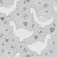 Seamless texture with funny dinosaurs and hand drawn elements.