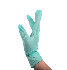 Fototapeta premium Green rubber glove on hand isolated on the white