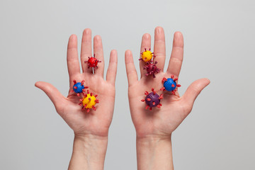 Hand washing as prevention of virus infection. Artificial virus models on hand. Protect from Coronavirus or Covid-19 epidemic. 