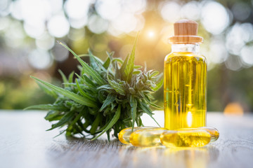 Glass bottles that contain CBD hemp oil and tablets extracted from the hemp oil concept Alternative medicine Hemp products, recreation, natural herbs.