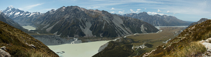 View of Mueller Glacial Lake and Hooker Lake from track to Sealy Tarns in Mount Cook National Park on South Island of New Zealand