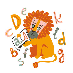 Educational Cartoon Vector Illustration Hand drawn English letters. Alphabet with Lion. Animal Character for children design.