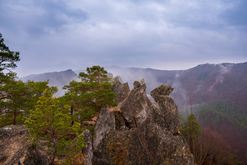 Fototapeta na wymiar Remains of rock city in Sulov Rocks, Súľov Rocks is a Slovak national nature reserve. Slovakia Sulovske Rocks