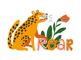 Funny leopard with tropical flower. Vector animal illustration for kids.  Cute print design for t-shirt.