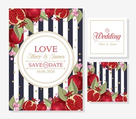 Postcards set with pomegranate and leaves. Design element for a wedding, birthday, natural and eco cosmetics. Can be used for a poster, invitation , or note. Vector illustration. Printing on fabric