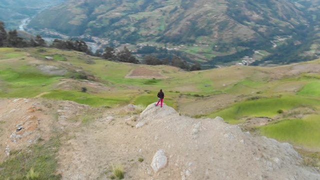 Male model in front of the andes, huaraz, peru, eagle view aerial shoot