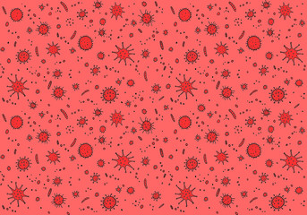 Virus, Coronavirus. Background, pattern, frame with outline Molecules and cells viral bacteria infection. Simple doodle icons. Microbiology