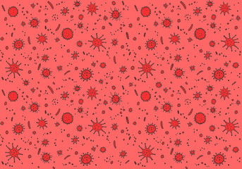 Virus, Coronavirus. Background, pattern, frame with outline Molecules and cells viral bacteria infection. Simple doodle icons. Microbiology